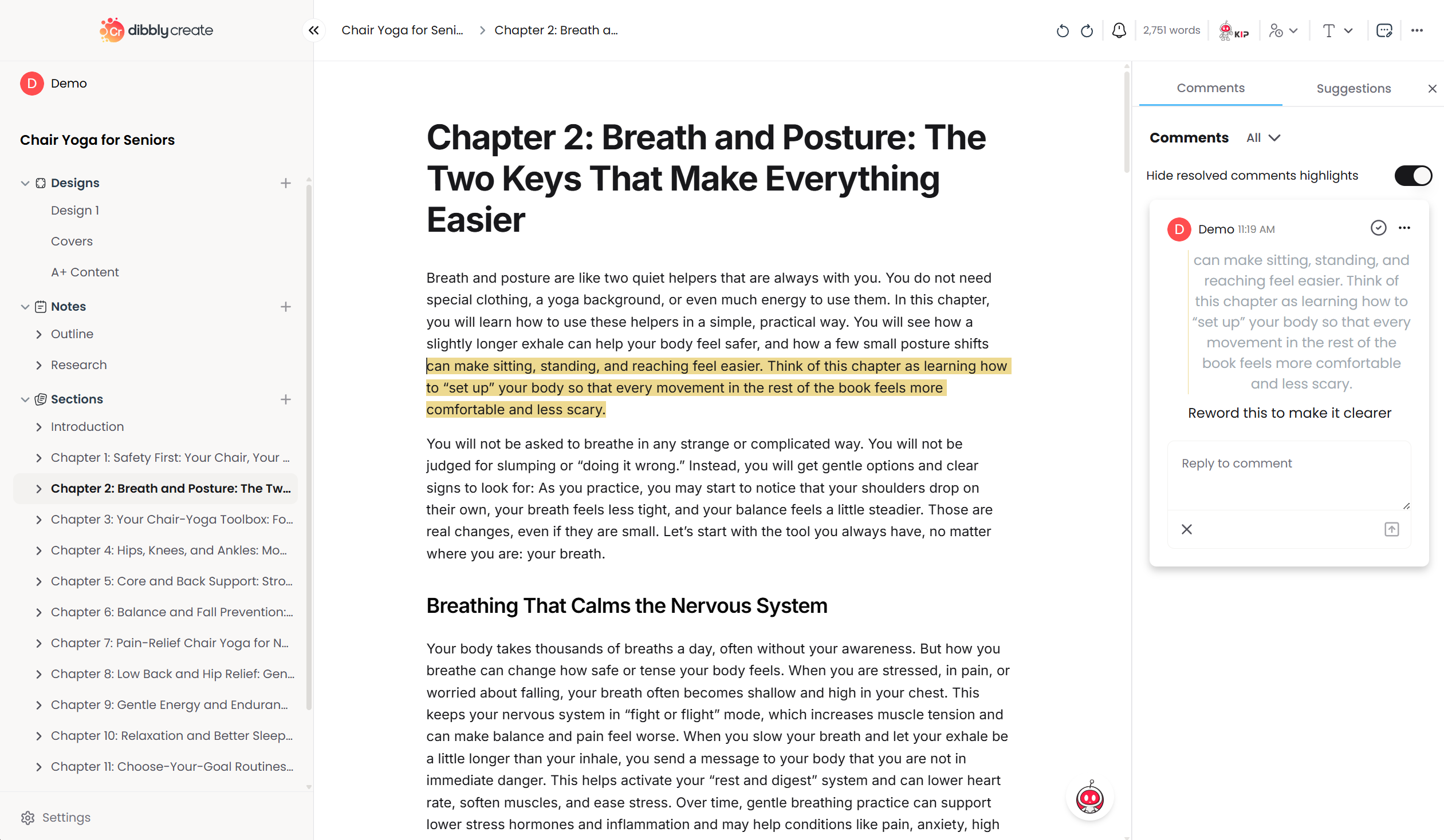 Dibbly Create: a manuscript chapter open in the editor, with a highlighted passage and a reviewer comment asking for a reword