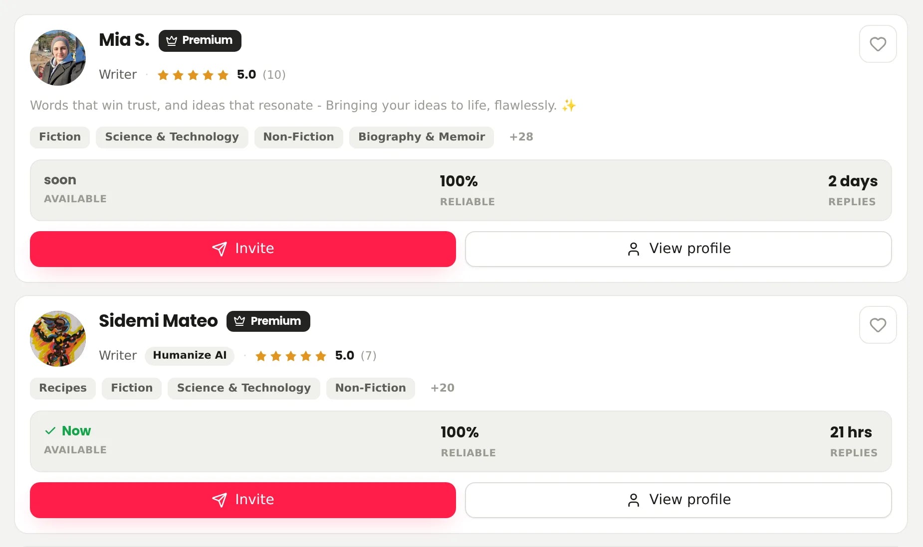 Find Freelancers page showing writers’ ratings, topics, availability and reply times, with buttons to invite writers or view profiles.